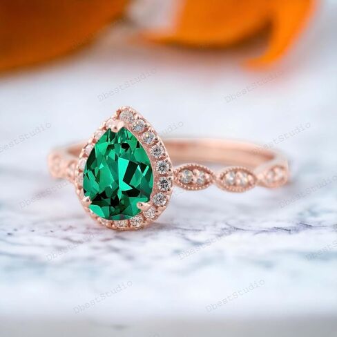 Pear Cut Emerald Engagement Ring, Vintage Rose Gold Ring, May Birthstone Diamond Halo Bridal Jewelry, Wedding Promise Ring Gifts, Green in Saudi Arabia
