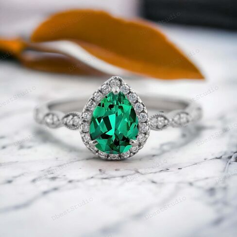 Pear Cut Emerald Engagement Ring, Vintage Rose Gold Ring, May Birthstone Diamond Halo Bridal Jewelry, Wedding Promise Ring Gifts, Green in Saudi Arabia
