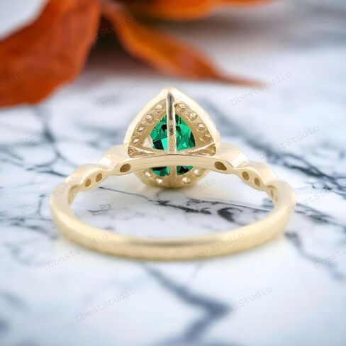 Pear Cut Emerald Engagement Ring, Vintage Rose Gold Ring, May Birthstone Diamond Halo Bridal Jewelry, Wedding Promise Ring Gifts, Green in Saudi Arabia