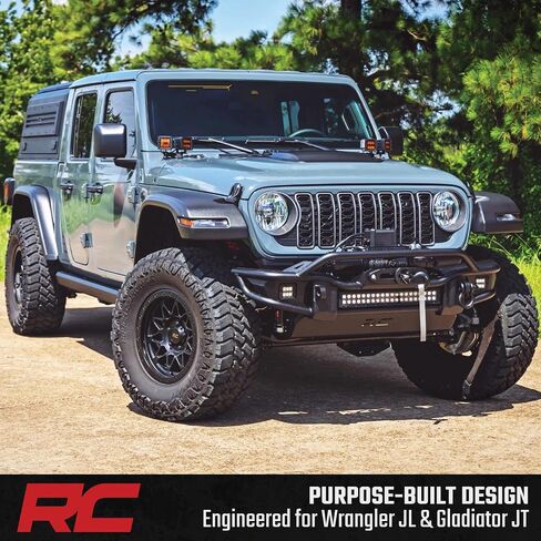 مغرفة محرك السيارة Rough Country لـ Jeep Wrangler JL & Gladiator JT (2018-2025)-أسود غير لامع ، طلاء إلى رمز ، نمط عدواني ، ملاءمة الدقة ، تثبيت بدون حفر in Kuwait