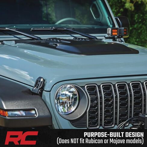 مغرفة محرك السيارة Rough Country لـ Jeep Wrangler JL & Gladiator JT (2018-2025)-أسود غير لامع ، طلاء إلى رمز ، نمط عدواني ، ملاءمة الدقة ، تثبيت بدون حفر in Kuwait