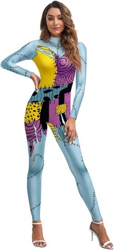 Xuan2Xuan3 Women's Halloween Bodysuit Jumpsuit Color Block Clown Cosplay Stitch Sally Costume in Saudi Arabia