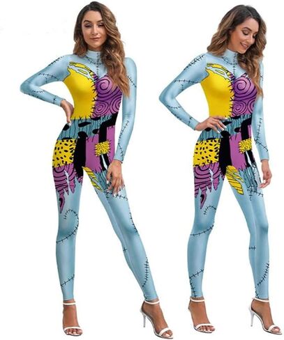 Xuan2Xuan3 Women's Halloween Bodysuit Jumpsuit Color Block Clown Cosplay Stitch Sally Costume in Saudi Arabia