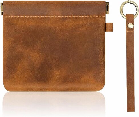 Leather Coin Purse with Wristlet, Aesthestyle Coin Pouch with Dual Interlayer, Card and Change Holder, Easy Clip on without Zipper, Squeeze Coin Wallet, Handmade Genuine Leather Wallet For Men/Women in Saudi Arabia