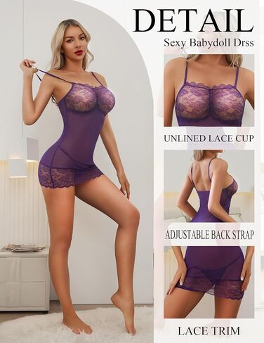 مثيرة للملابس الداخلية للنساء شبكات ثوب النوم Babydoll Chemise Lace Boudoir ملابس Lightwear Lingerie مع G-String in Kuwait