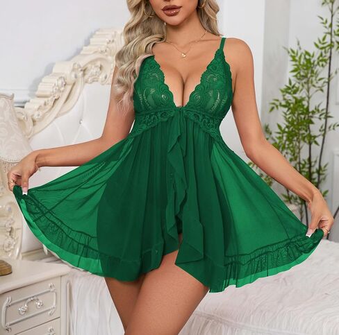 Women Sexy Lingerie Open Front Closure Babydoll Dress Lace Chemise Sleepwear Mesh Nightgown with Thong in Saudi Arabia