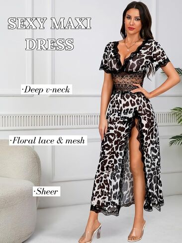 Leopard Print Lessegowns ، Deep V Neck High Slit ، Lingerie Boudoir ، إهمال شبكي شبكي للنساء Chetach in Saudi Arabia