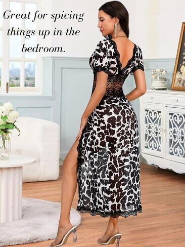 Leopard Print Lessegowns ، Deep V Neck High Slit ، Lingerie Boudoir ، إهمال شبكي شبكي للنساء Chetach in Saudi Arabia