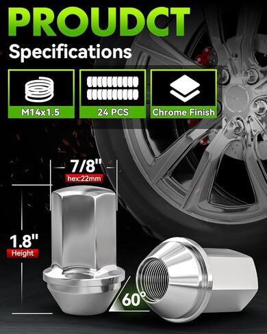 24 PCS 14x1.5 Pitch Studs Wheel Lug Nuts, 1.8 inch Height OEM Factory Style Acorn Seat Lug Nuts, Black Finish, 7/8" Hex, 60 Degree Conical Seat for Chevy Silverado GMC Sierra 1500 in Kuwait