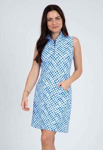 IBKUL Athleisure Wear Sun Protective UPF 50+ Icefil Cooling-Gingham Check Print Sleeveless Mock Dress-58876 in Kuwait