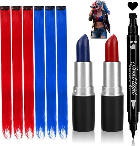 9 Pcs Halloween Costume Quinn Accessories,【Red+Blue Face Body Paint Stick】【 Red+Blue Clip in Hair Extensions】【 Black Liquid Eyeliner Stamp】 Makeup Kit for Harley Costume Cosplay Women Girls Kids in Saudi Arabia