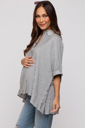 PinkBlush Charcoal Striped Button Up Dolman Maternity Top in Saudi Arabia