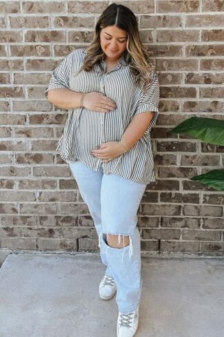 PinkBlush Charcoal Striped Button Up Dolman Maternity Top in Saudi Arabia