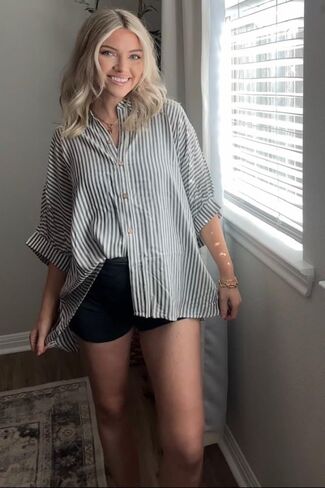 PinkBlush Charcoal Striped Button Up Dolman Maternity Top in Saudi Arabia
