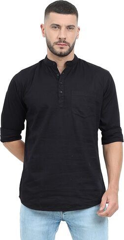 Miraan Men's Casual Cotton Short Kurta Shirt with Mandarin Collar Medium White in Saudi Arabia