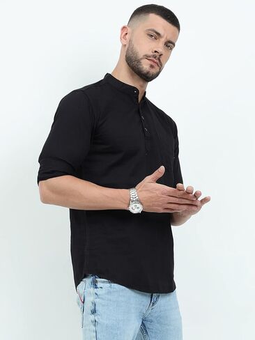 Miraan Men's Casual Cotton Short Kurta Shirt with Mandarin Collar Medium White in Saudi Arabia