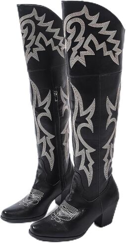 Women’s Over-the-Knee Western Cowboy Boots – Square Toe PU Leather Embroidered Boots with Zipper & Chunky Heel, Lined Riding Boots for All Seasons in Saudi Arabia