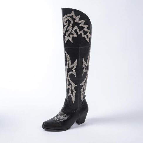 Women’s Over-the-Knee Western Cowboy Boots – Square Toe PU Leather Embroidered Boots with Zipper & Chunky Heel, Lined Riding Boots for All Seasons in Saudi Arabia