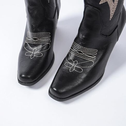 Women’s Over-the-Knee Western Cowboy Boots – Square Toe PU Leather Embroidered Boots with Zipper & Chunky Heel, Lined Riding Boots for All Seasons in Saudi Arabia