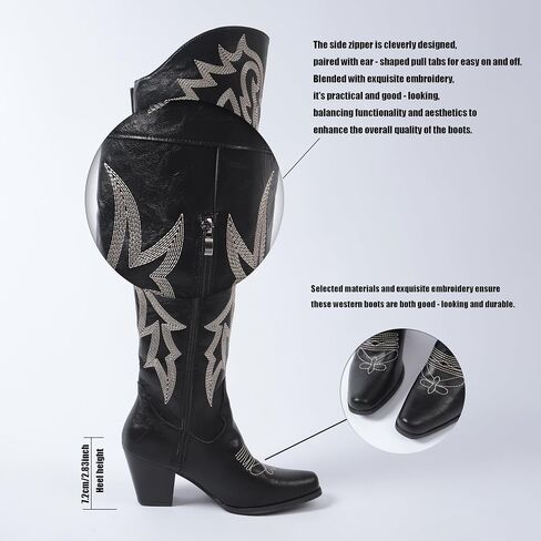 Women’s Over-the-Knee Western Cowboy Boots – Square Toe PU Leather Embroidered Boots with Zipper & Chunky Heel, Lined Riding Boots for All Seasons in Saudi Arabia