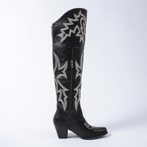 Women’s Over-the-Knee Western Cowboy Boots – Square Toe PU Leather Embroidered Boots with Zipper & Chunky Heel, Lined Riding Boots for All Seasons in Saudi Arabia