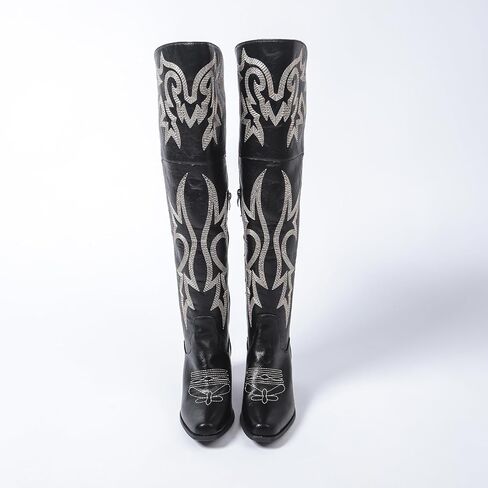 Women’s Over-the-Knee Western Cowboy Boots – Square Toe PU Leather Embroidered Boots with Zipper & Chunky Heel, Lined Riding Boots for All Seasons in Saudi Arabia