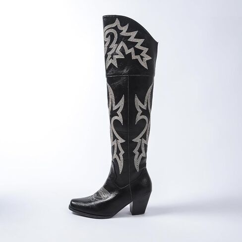 Women’s Over-the-Knee Western Cowboy Boots – Square Toe PU Leather Embroidered Boots with Zipper & Chunky Heel, Lined Riding Boots for All Seasons in Saudi Arabia