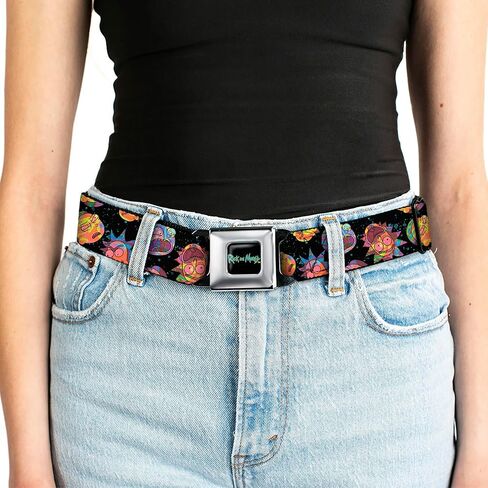 Rick and Morty Belt, Seatbelt Buckle Belt, Rick and Morty Vaporwave Expressions Scattered Multi Color, Adjustable in Saudi Arabia