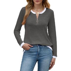 Poetsky Women's V Neck Long Sleeve Shirts Color Block Zipper Tops Loose Fit Tunic Tops Casual Polo Shirts in Kuwait