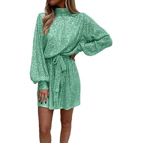 Women's Sparkly Sequin Dresses Mock Neck Long Sleeve Tie Waist Cocktail Mini Prom Dress Elegant Solid Evening Gowns in Saudi Arabia