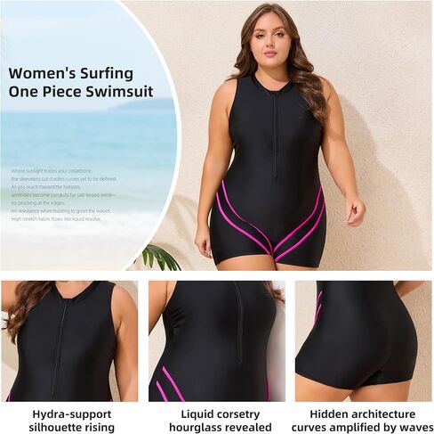 Women Plus Size Surfing One Piece Swimsuit Tummy Control Sleeveless Rash Guard Bathing Suit Zipper Front Boyleg Swimwear in Saudi Arabia