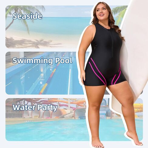 Women Plus Size Surfing One Piece Swimsuit Tummy Control Sleeveless Rash Guard Bathing Suit Zipper Front Boyleg Swimwear in Saudi Arabia
