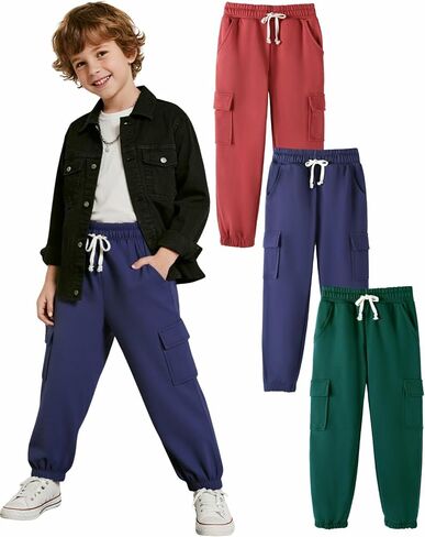 HILEELANG Boy Cargo Sweatpants 3 Pack - Kids Cotton Blend Joggers with Pockets Elastic Waistband Pants for School 5-15Y in Saudi Arabia