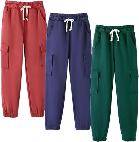 HILEELANG Boy Cargo Sweatpants 3 Pack - Kids Cotton Blend Joggers with Pockets Elastic Waistband Pants for School 5-15Y in Saudi Arabia
