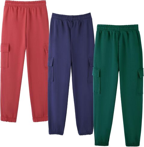 HILEELANG Boy Cargo Sweatpants 3 Pack - Kids Cotton Blend Joggers with Pockets Elastic Waistband Pants for School 5-15Y in Saudi Arabia