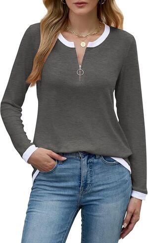 Poetsky Women's V Neck Long Sleeve Shirts Color Block Zipper Tops Loose Fit Tunic Tops Casual Polo Shirts in Kuwait