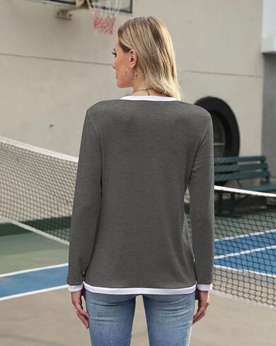 Poetsky Women's V Neck Long Sleeve Shirts Color Block Zipper Tops Loose Fit Tunic Tops Casual Polo Shirts in Kuwait