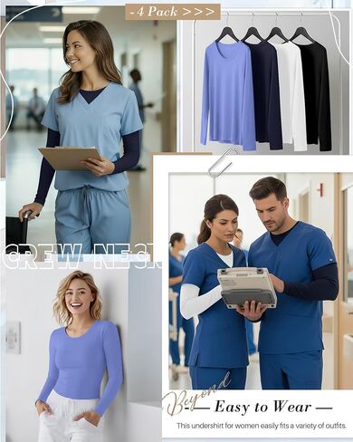 4 Pack Women's Underscrub Shirts Nurse Undershirts Long Sleeve Crewneck Slim Fit Tops Soft Stretchy Basic Tee in Saudi Arabia
