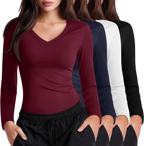 4 Pack Women's Under Scrubs Long Sleeve V Neck Shirts Slim Fit Stretchy Undershirt Basic Casual Tops for Nurse in Saudi Arabia