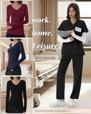 4 Pack Women's Under Scrubs Long Sleeve V Neck Shirts Slim Fit Stretchy Undershirt Basic Casual Tops for Nurse in Saudi Arabia