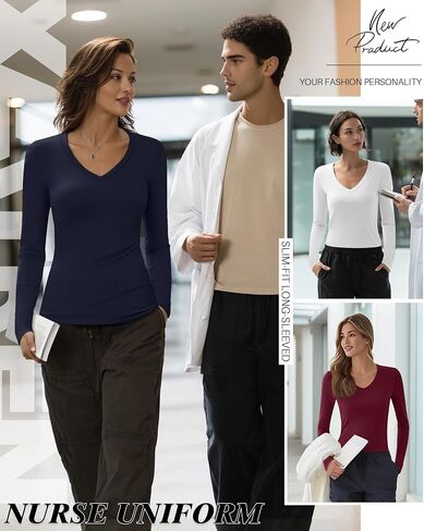 4 Pack Women's Under Scrubs Long Sleeve V Neck Shirts Slim Fit Stretchy Undershirt Basic Casual Tops for Nurse in Saudi Arabia