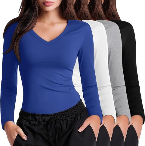 4 Pack Women's Under Scrubs Long Sleeve V Neck Shirts Slim Fit Stretchy Undershirt Basic Casual Tops for Nurse in Saudi Arabia