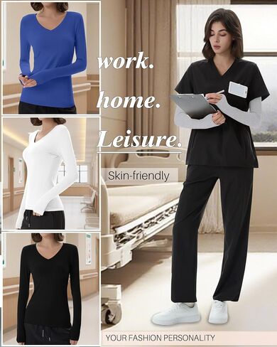 4 Pack Women's Under Scrubs Long Sleeve V Neck Shirts Slim Fit Stretchy Undershirt Basic Casual Tops for Nurse in Saudi Arabia