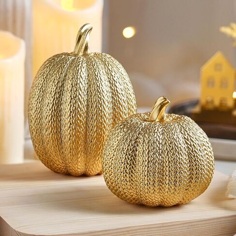 Pumpkin Fall Decor Indoor - Gold Pumpkin for Decorating, 2Pcs Resin Pumpkins Decor with Woven Effect, Thanksgiving Table Centerpiece, Fireplace, Autumn Harvest Party Decorations in Saudi Arabia