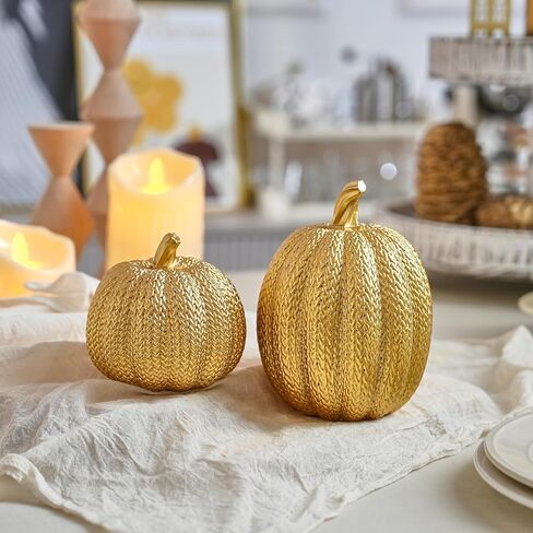 Pumpkin Fall Decor Indoor - Gold Pumpkin for Decorating, 2Pcs Resin Pumpkins Decor with Woven Effect, Thanksgiving Table Centerpiece, Fireplace, Autumn Harvest Party Decorations in Saudi Arabia