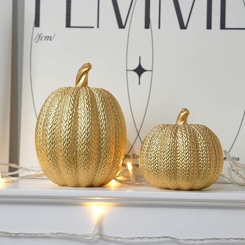 Pumpkin Fall Decor Indoor - Gold Pumpkin for Decorating, 2Pcs Resin Pumpkins Decor with Woven Effect, Thanksgiving Table Centerpiece, Fireplace, Autumn Harvest Party Decorations in Saudi Arabia