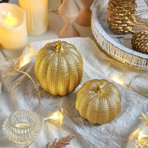 Pumpkin Fall Decor Indoor - Gold Pumpkin for Decorating, 2Pcs Resin Pumpkins Decor with Woven Effect, Thanksgiving Table Centerpiece, Fireplace, Autumn Harvest Party Decorations in Saudi Arabia