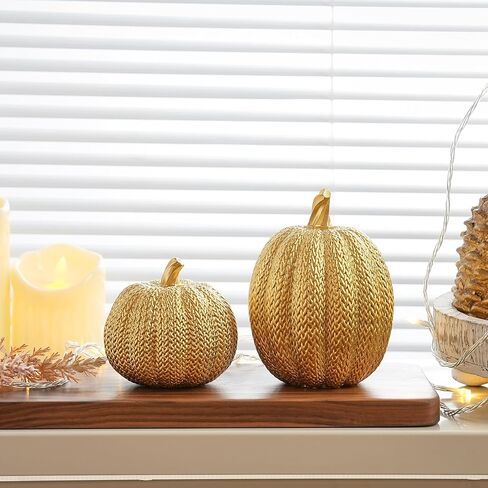 Pumpkin Fall Decor Indoor - Gold Pumpkin for Decorating, 2Pcs Resin Pumpkins Decor with Woven Effect, Thanksgiving Table Centerpiece, Fireplace, Autumn Harvest Party Decorations in Saudi Arabia