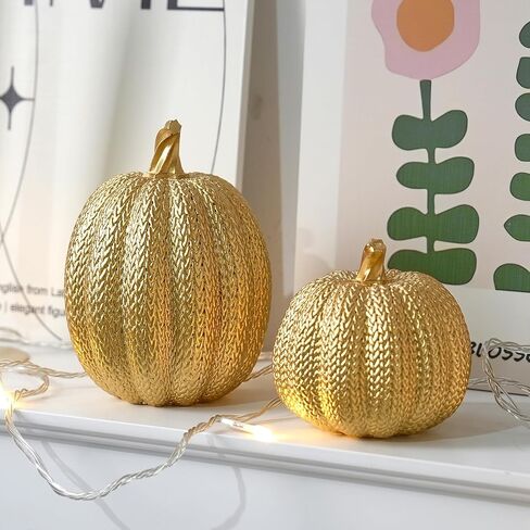 Pumpkin Fall Decor Indoor - Gold Pumpkin for Decorating, 2Pcs Resin Pumpkins Decor with Woven Effect, Thanksgiving Table Centerpiece, Fireplace, Autumn Harvest Party Decorations in Saudi Arabia