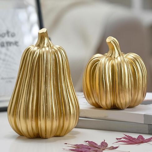 Pumpkin Fall Decor Indoor - Gold Pumpkin for Decorating, 2Pcs Resin Pumpkins Decor with Woven Effect, Thanksgiving Table Centerpiece, Fireplace, Autumn Harvest Party Decorations in Saudi Arabia